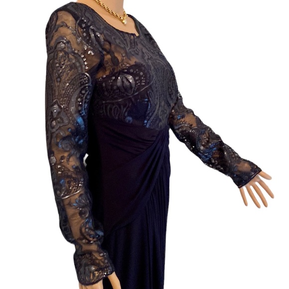 Formal long navy sequins, draped fitted gown - Picture 8 of 12
